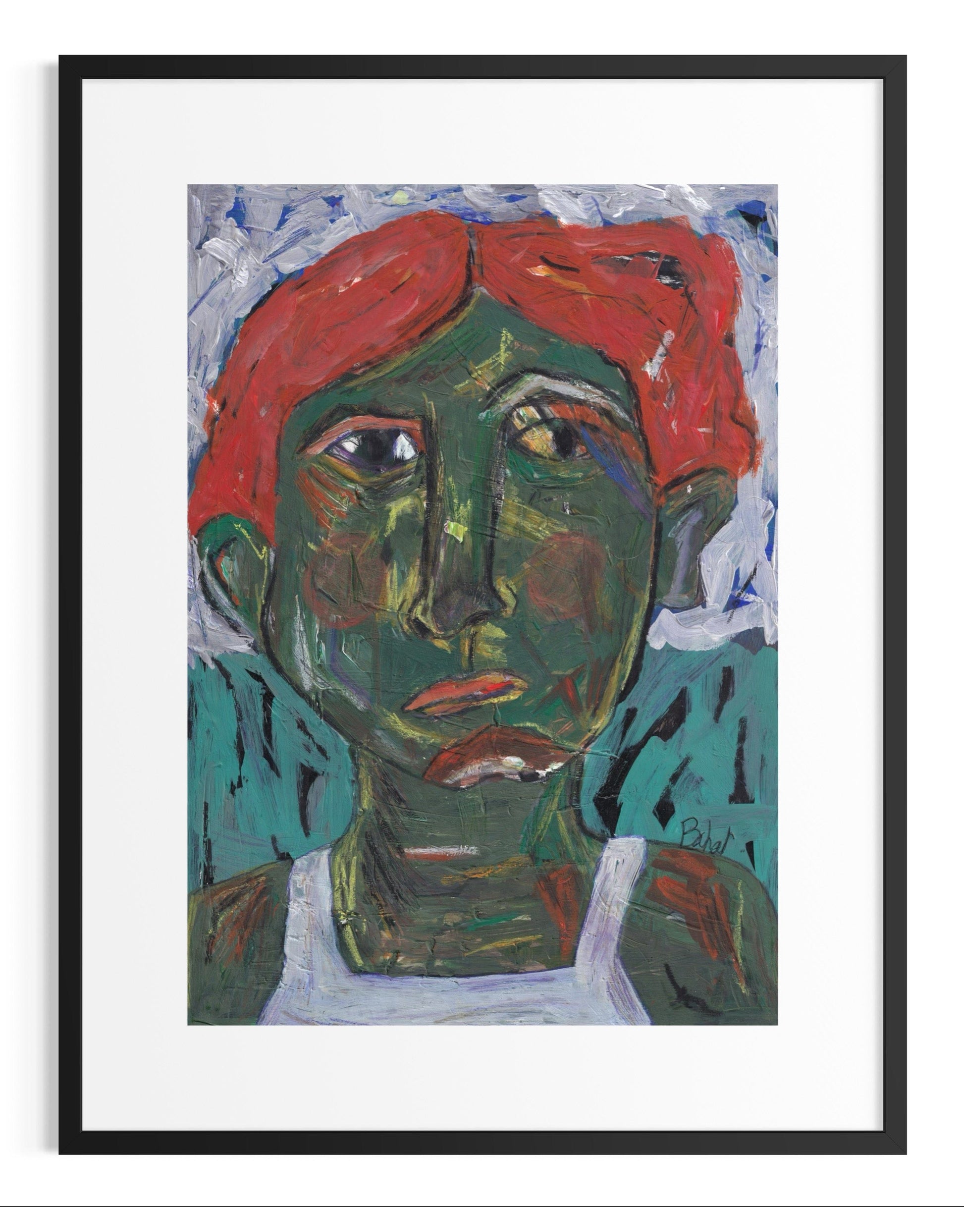 Framed painting of a face with a red headscarf and green skin.