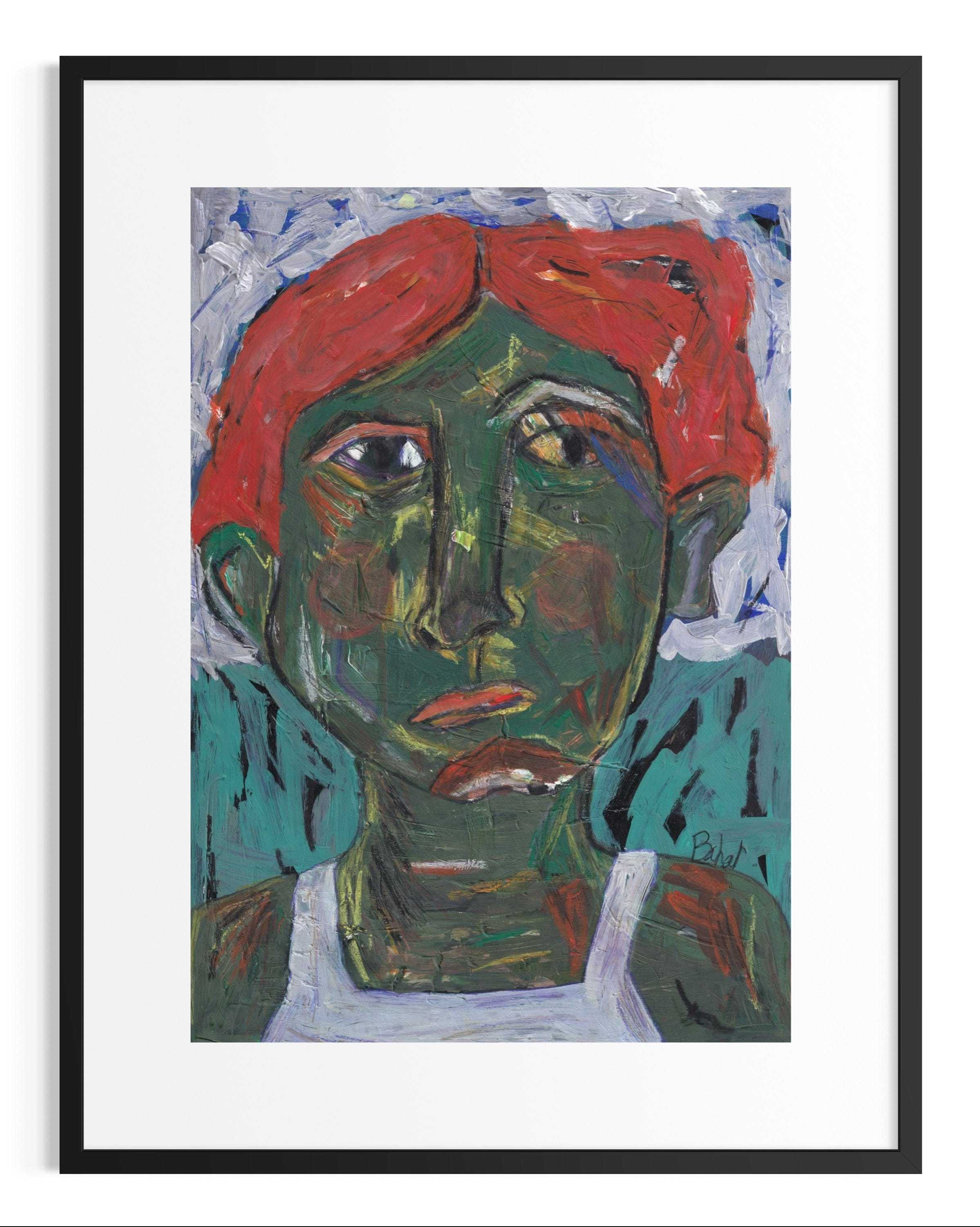 Framed painting of a face with a red headscarf and green skin.