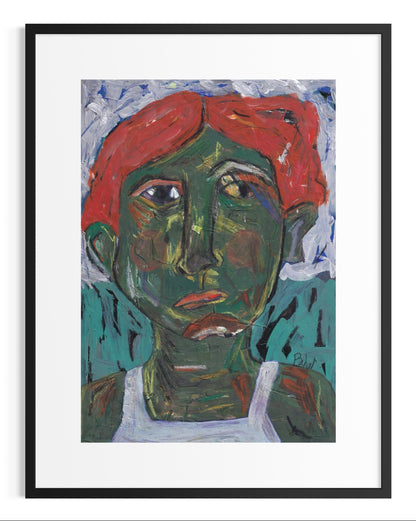 Framed painting of a face with a red headscarf and green skin.