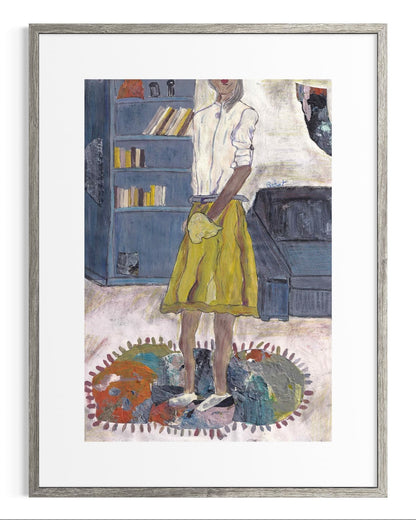 Framed artwork of a person in a yellow skirt standing in a room with books and a sofa.