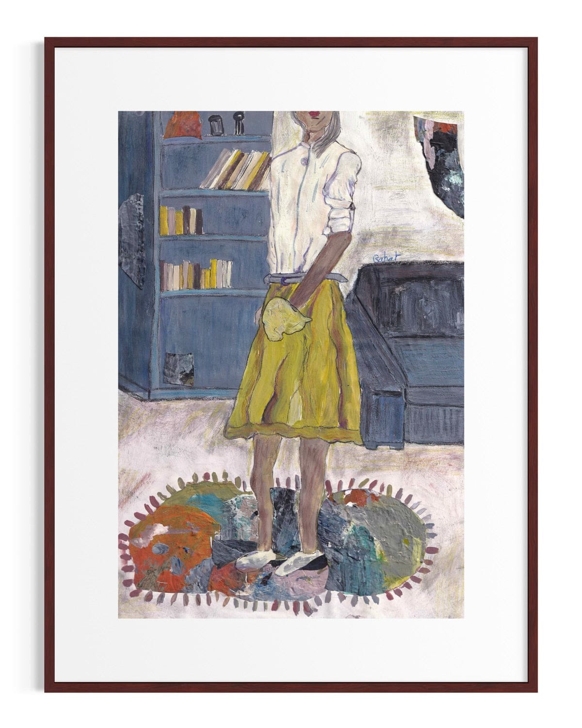 Framed artwork of a person in a yellow skirt standing in a room with a bookshelf and sofa.