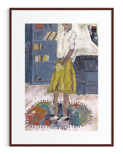 Framed artwork of a person in a yellow skirt standing in a room with a bookshelf and sofa.