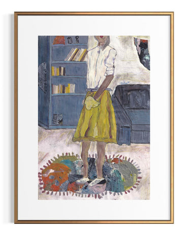 Framed artwork of a person in a yellow skirt standing in a room with a bookshelf and sofa.