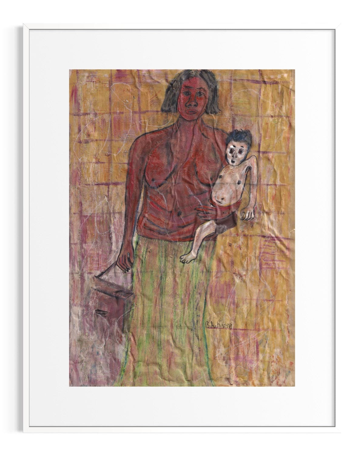 Artistic depiction of a woman holding a child with abstract background