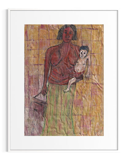 Artistic depiction of a woman holding a child with abstract background