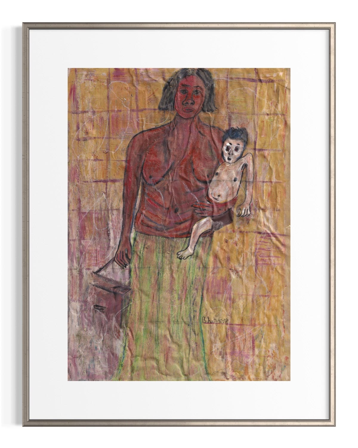 Framed artwork of a woman holding a child against a textured background
