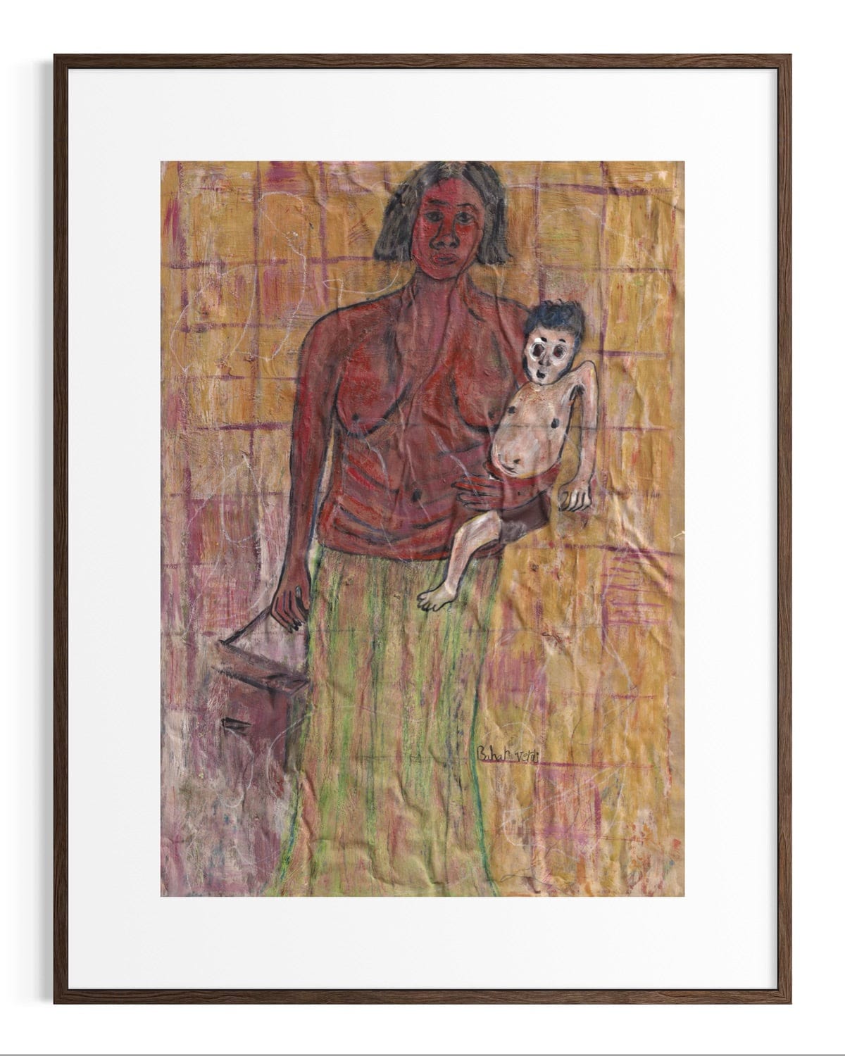Framed artwork of a woman holding a child against a textured background
