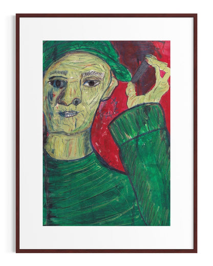 Framed artwork of a person wearing a green hat and green sweater with a red background.