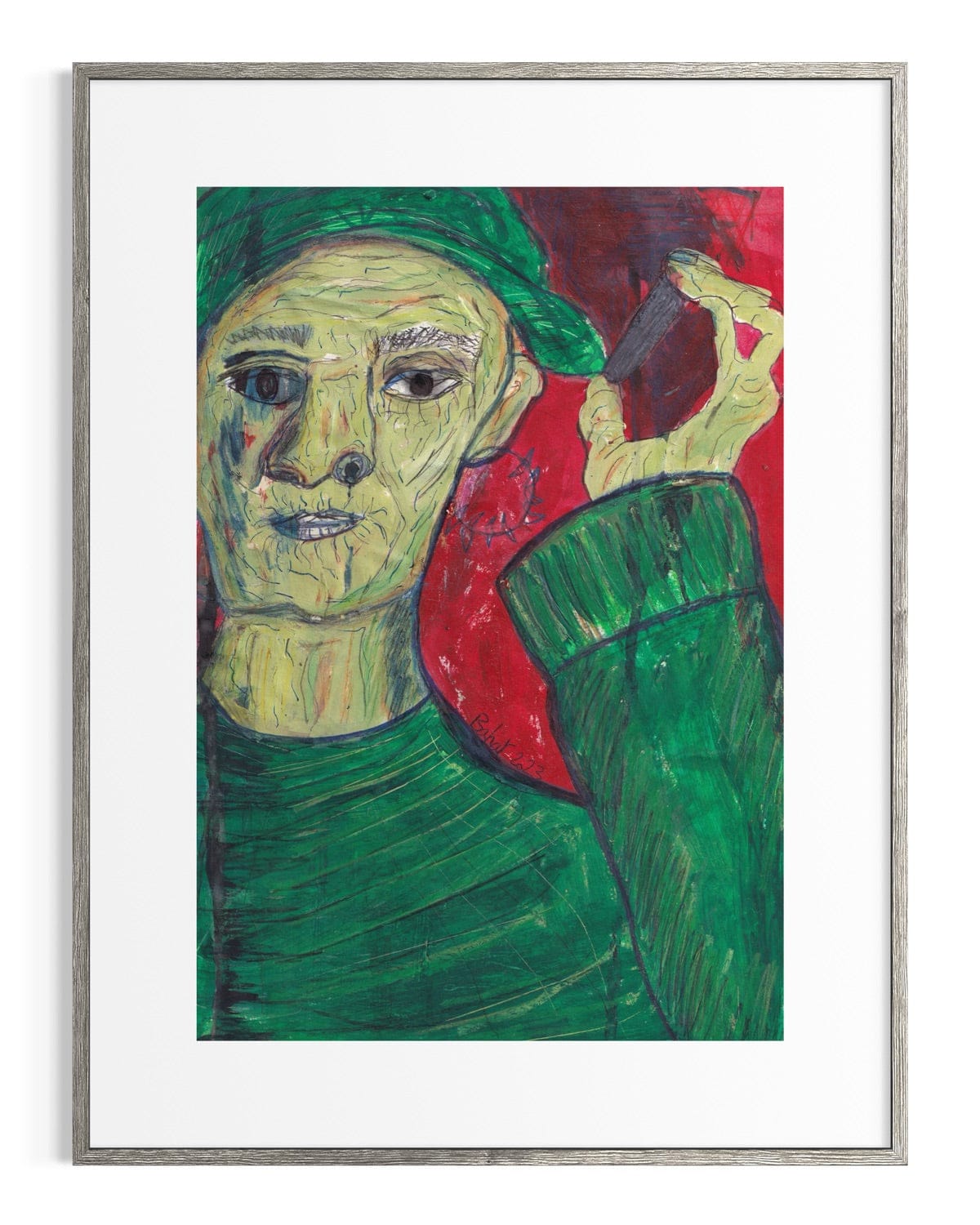 Framed artwork of a person wearing a green hat and green sweater with a red background.