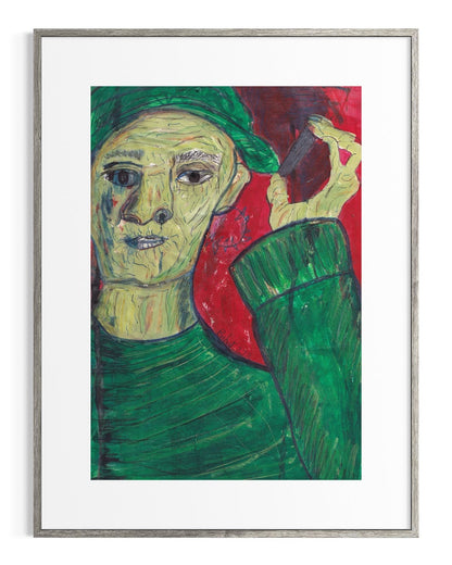 Framed artwork of a person wearing a green hat and green sweater with a red background.