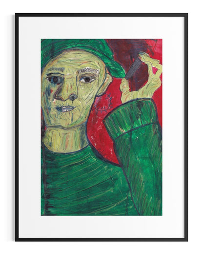 Framed artwork of a person wearing a green hat and green sweater against a red background.