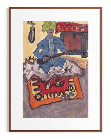 Framed artwork of a person playing guitar on a rug with a colorful background