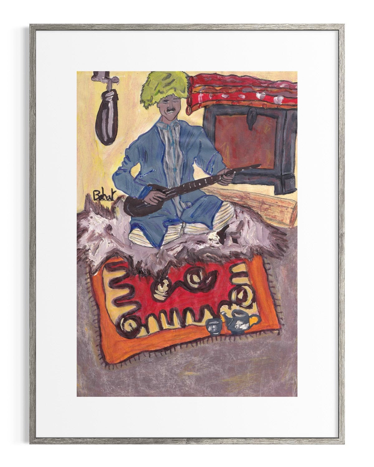 Framed artwork of a person playing guitar on a rug with a colorful background
