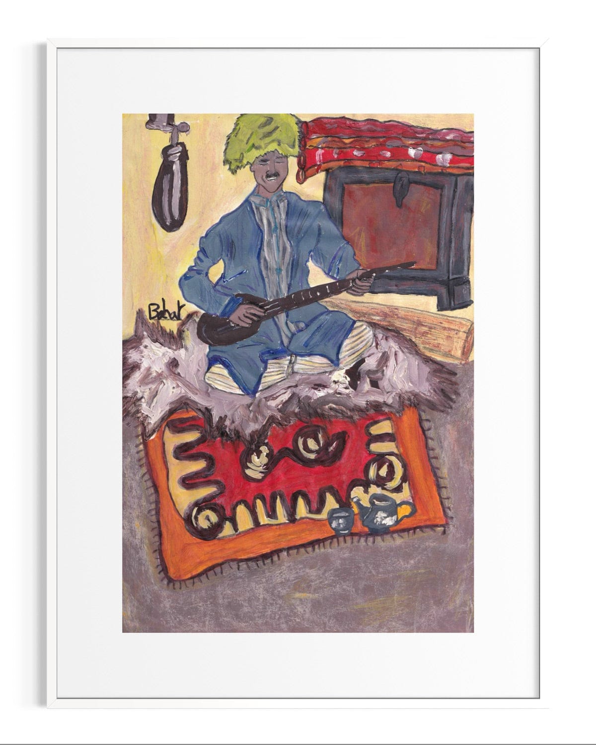 Artistic depiction of a person playing guitar on a colorful rug with a white border.