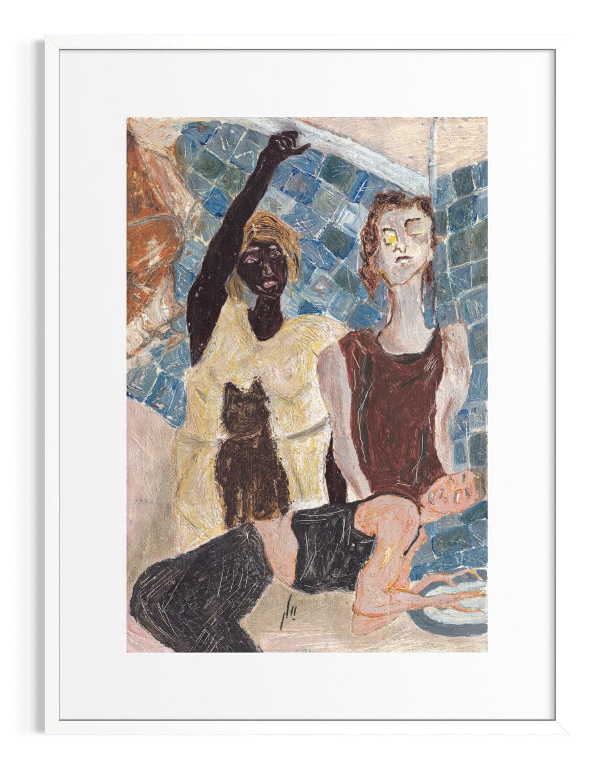 Framed artwork of two figures and a cat against a mosaic background