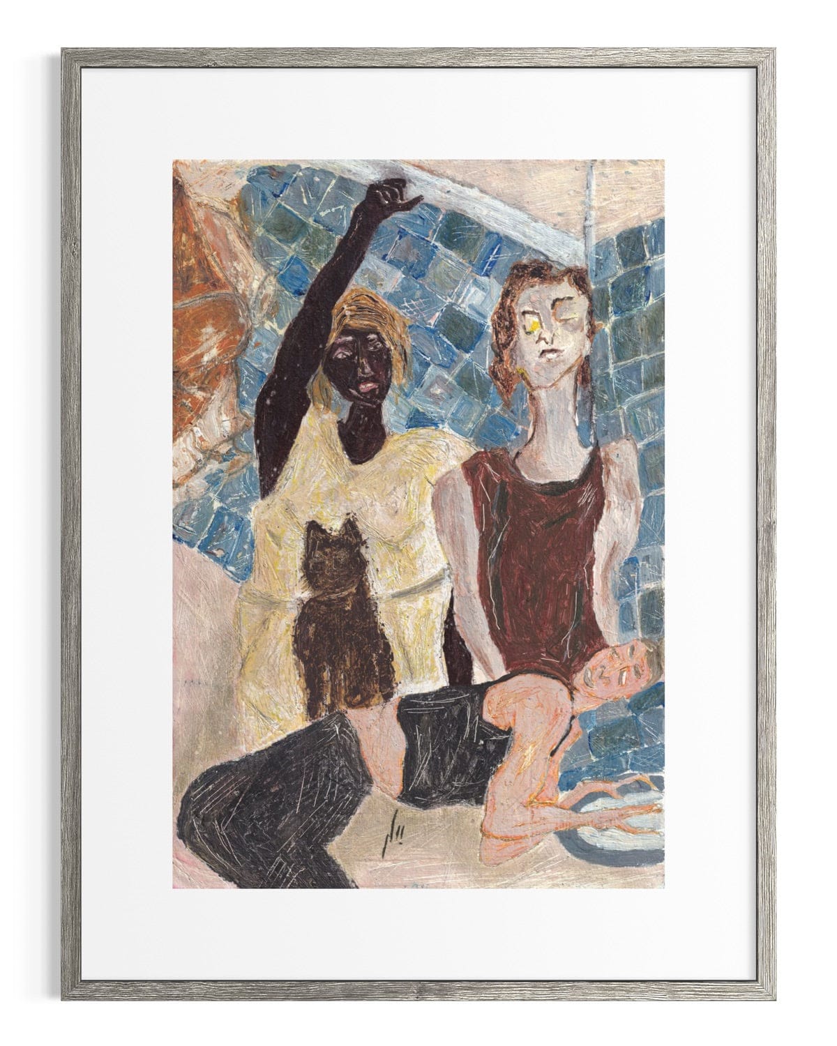 Framed artwork of two figures with a cat against a mosaic background