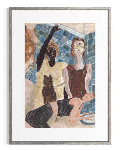 Framed artwork of two figures with a cat against a mosaic background