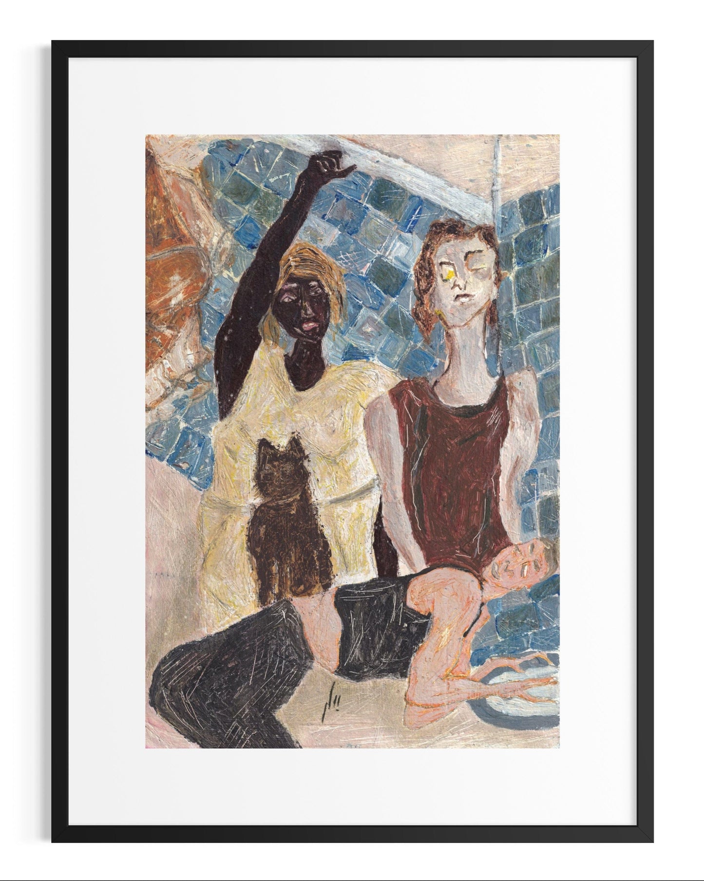 Framed artwork of two figures and a cat in a mosaic style.