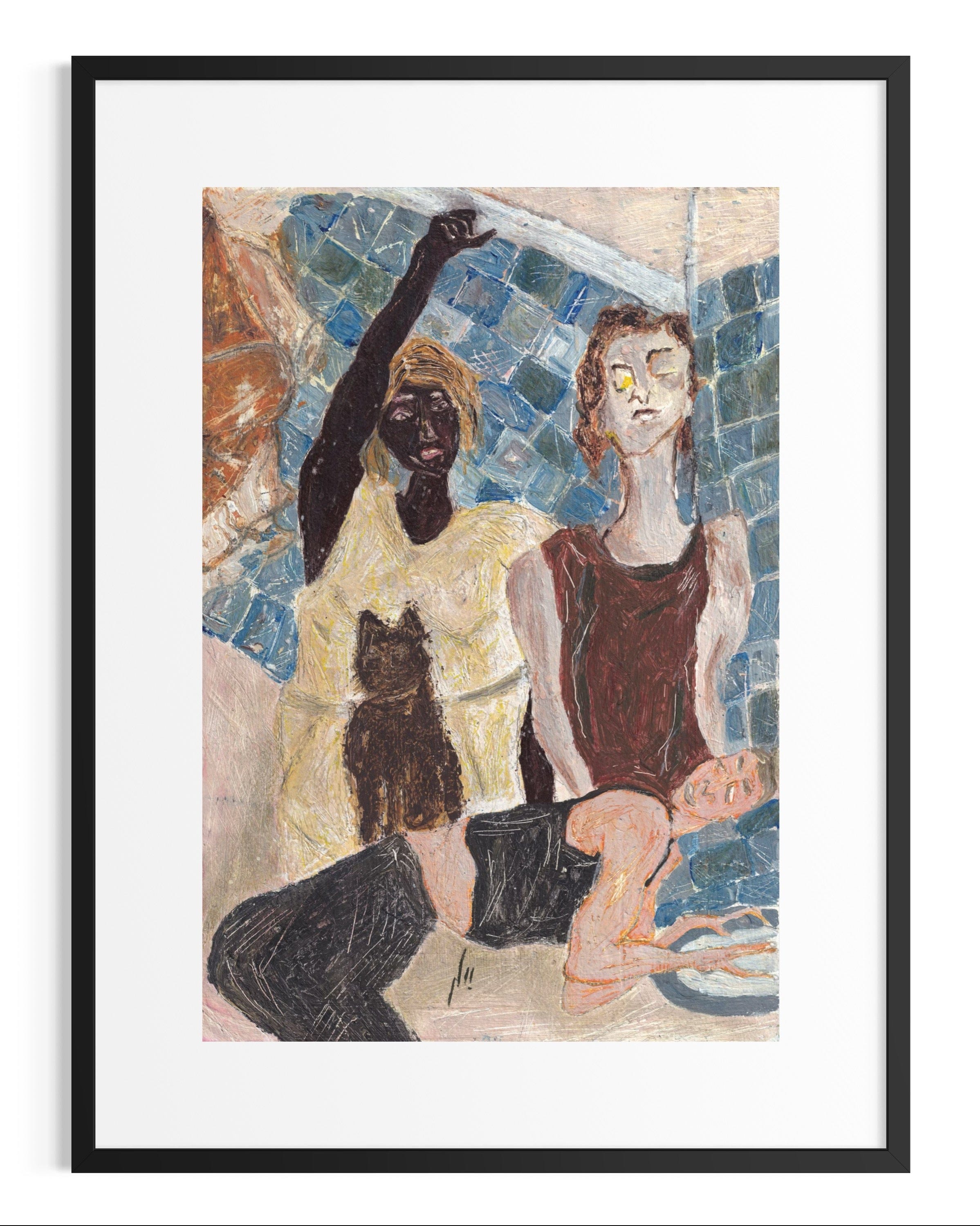 Framed artwork of two figures and a cat in a mosaic style.