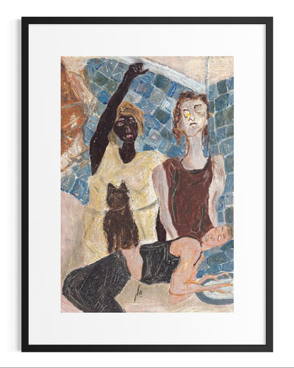 Framed artwork of two figures and a cat in a mosaic style.