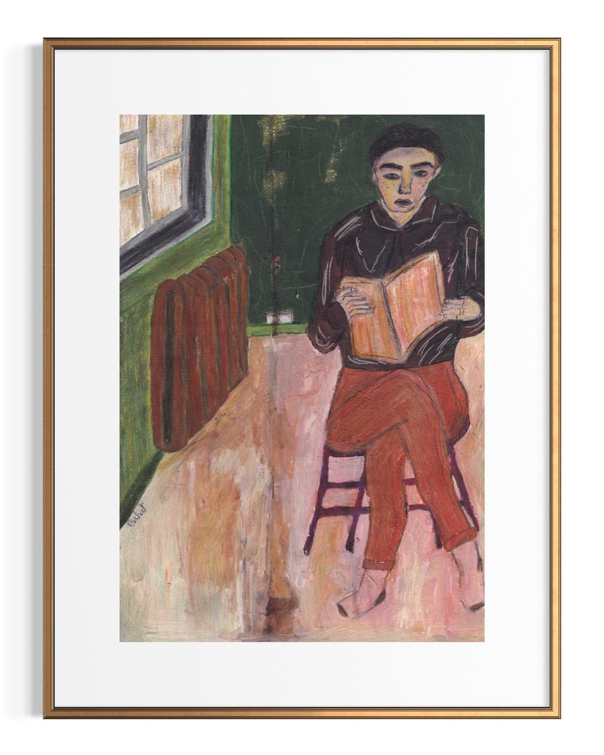 Framed artwork of a person reading a book in a room with green walls and a radiator.