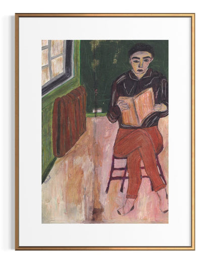 Framed artwork of a person reading a book in a room with green walls and a radiator.