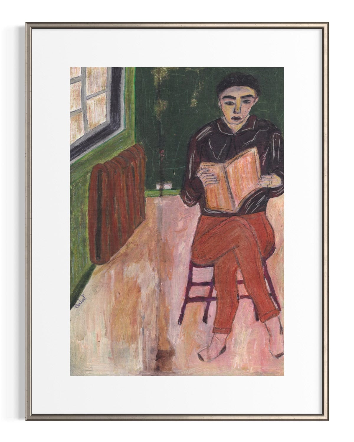 Framed artwork of a person reading a book in a room with green walls and a radiator.