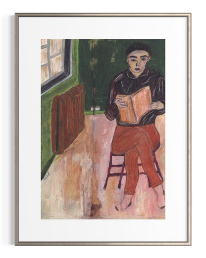 Framed artwork of a person reading a book in a room with green walls and a radiator.