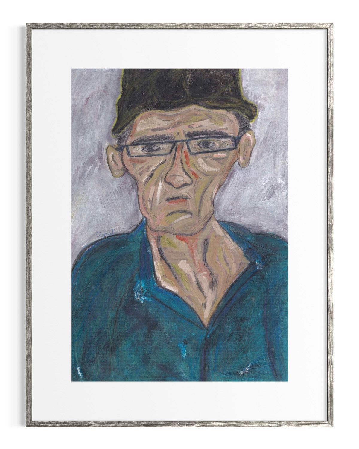 Framed painting of a man wearing glasses and a cap on a white background
