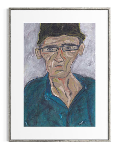 Framed painting of a man wearing glasses and a cap on a white background
