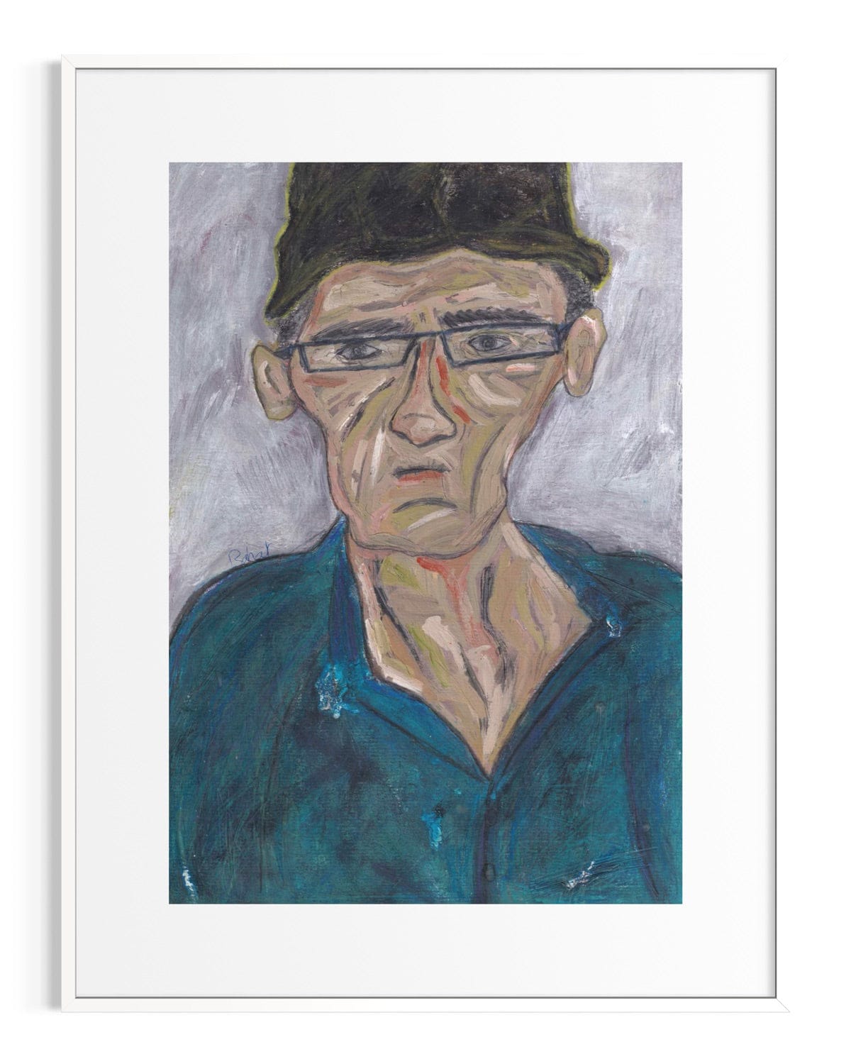 Painting of a man wearing glasses and a cap on a white background