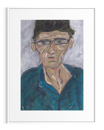 Painting of a man wearing glasses and a cap on a white background