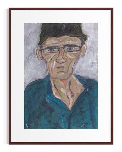 Framed portrait painting of a man wearing a cap and glasses.