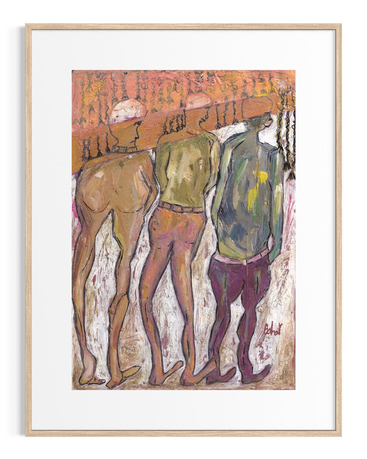 Framed artwork of three figures in a stylized manner on a white background