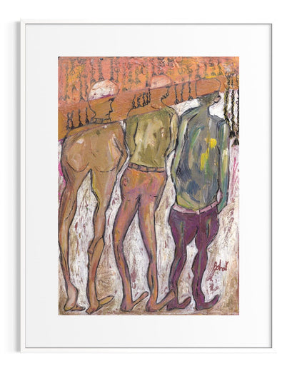 Abstract artwork of three figures in a forest setting with a white border.