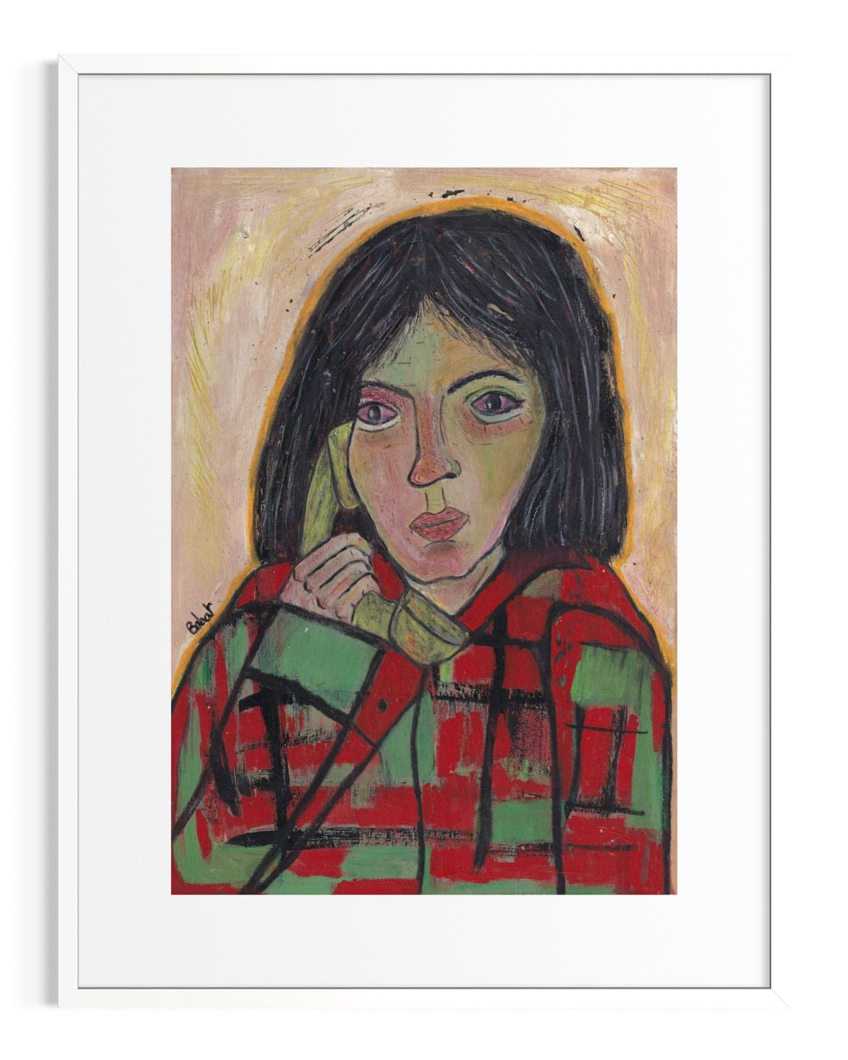 Artistic portrait of a person wearing a red and green checkered shirt with abstract background