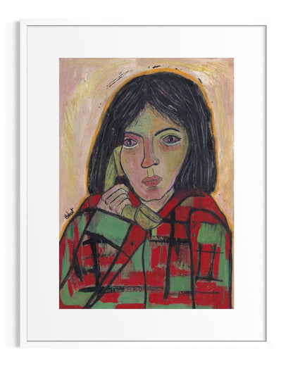 Artistic portrait of a person wearing a red and green checkered shirt with abstract background