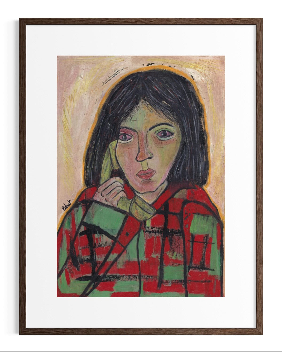 Framed artwork of a person wearing a red and green checkered shirt, holding a phone to their ear.