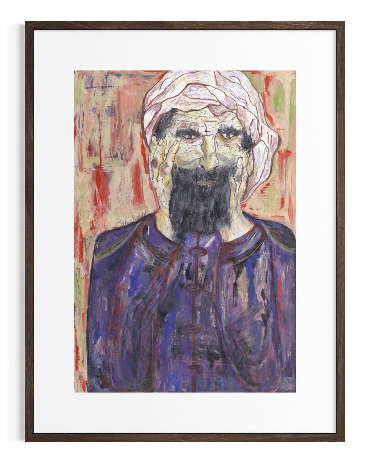 Framed artwork of a figure with a turban and purple garment against a multicolored background.