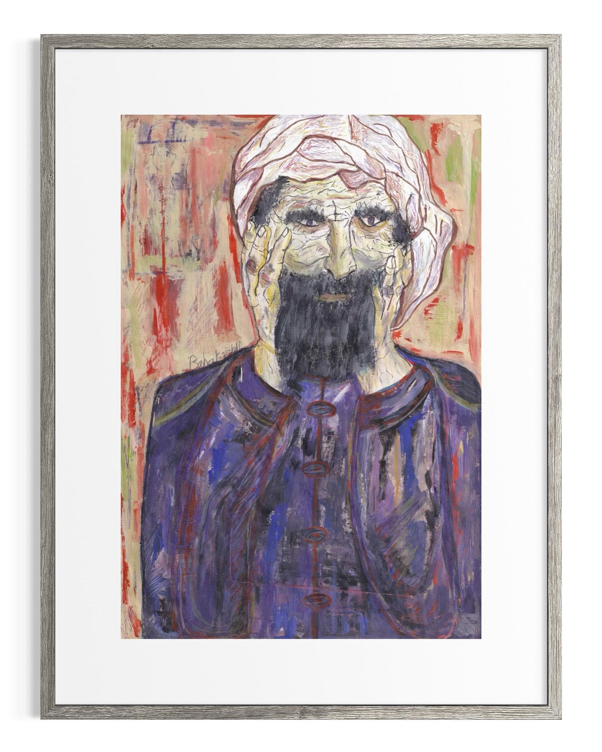 Framed artwork of a figure with a turban and purple garment on a colorful background
