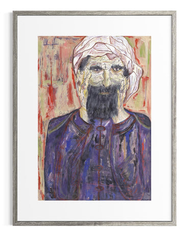Framed artwork of a figure with a turban and purple garment on a colorful background