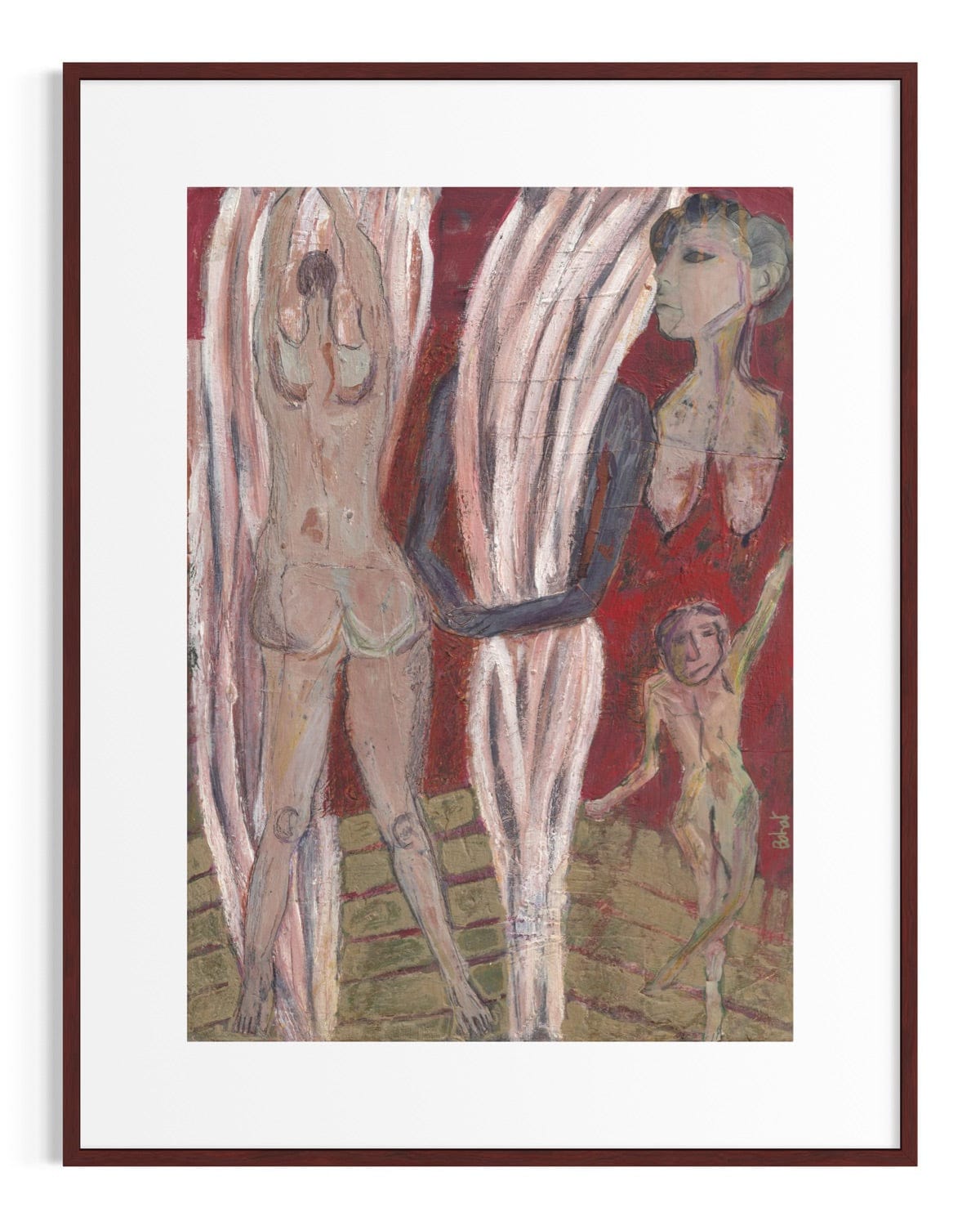 Framed artwork of three nude figures on a red background