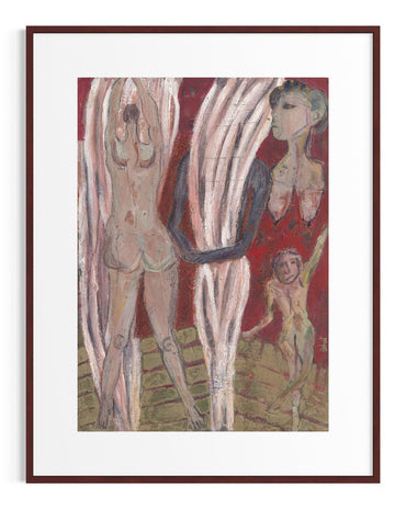 Framed artwork of three nude figures on a red background