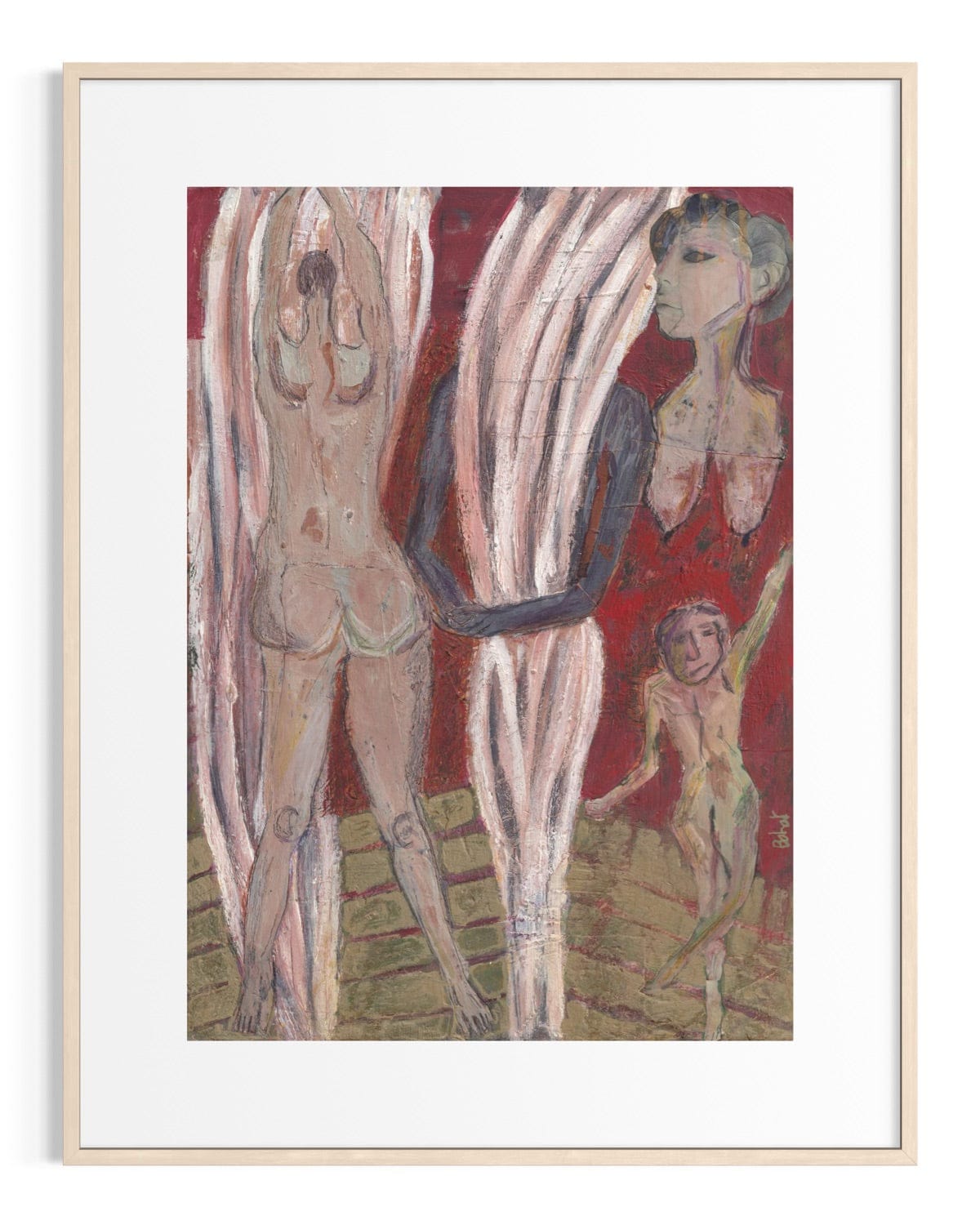 Framed artwork of three nude figures on a red background