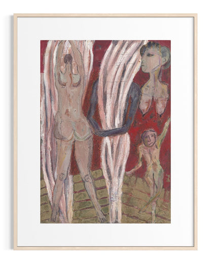Framed artwork of three nude figures on a red background