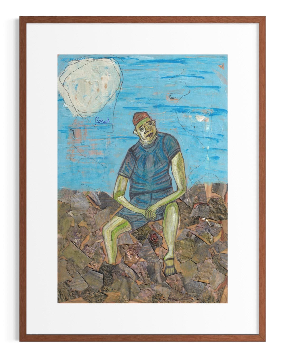 Framed artwork of a person sitting on rocks with a blue sky and moon in the background.