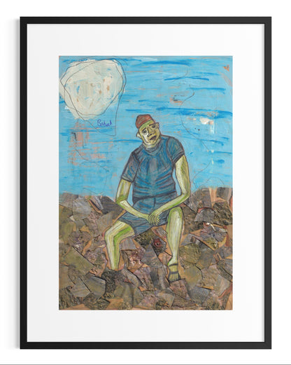 Framed artwork of a person sitting on rocks with a blue sky and moon in the background.