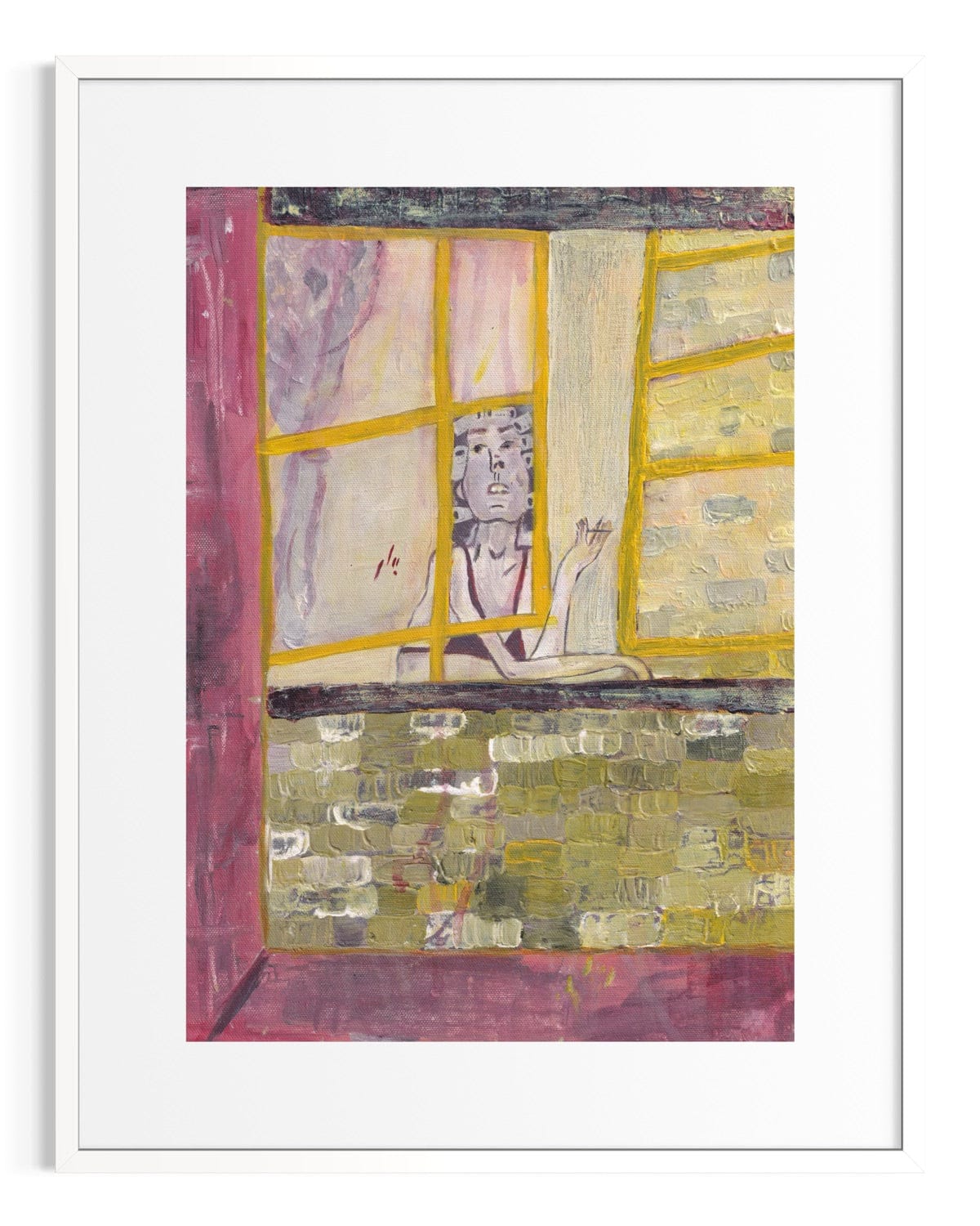 Abstract art piece with a window-like design and colorful patterns.