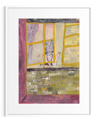 Abstract art piece with a window-like design and colorful patterns.