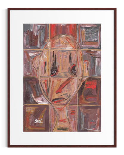 Abstract art piece with a face-like design on a white background